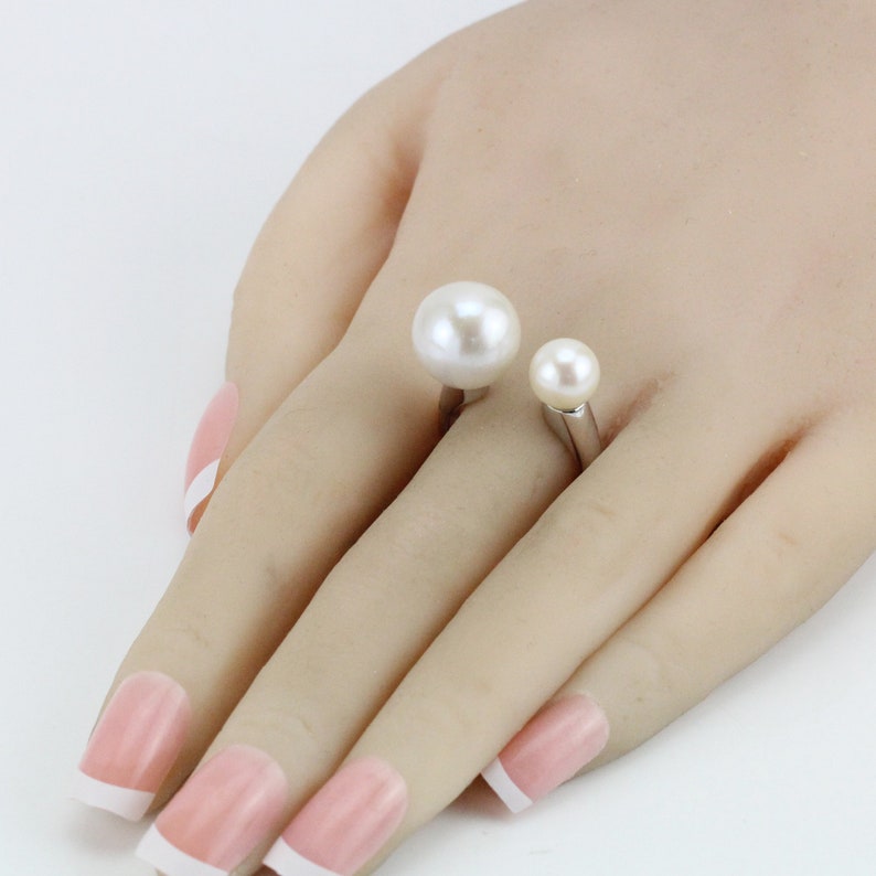 7-8mm and 12-13mm cream white double pearl ring,sterling silver open ring,freshwater pearl midi ring,small and big pearl two pearls ring