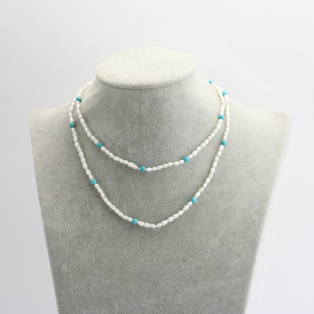 Extra Long Pearl Turquoise Necklacesmall Seed Pearl - Etsy