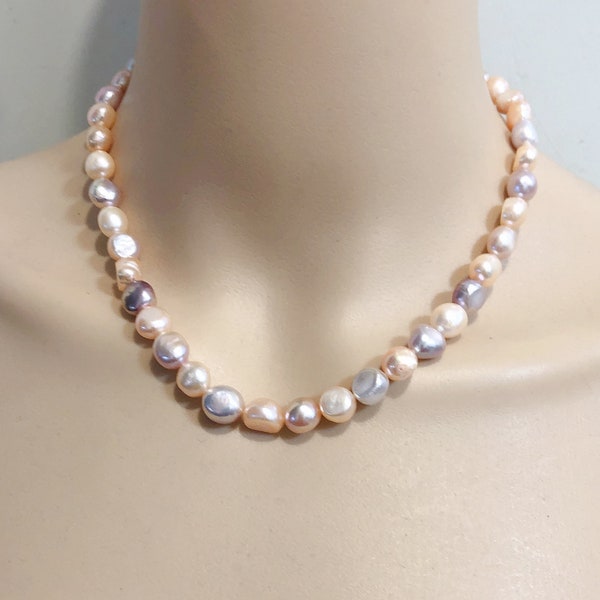 8.5-9mm natural multi color baroque pearl necklace,mix color freshwater nugget pearl necklace,sterling silver clasp