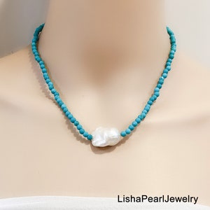 Large freshwater baroque pearl and turquoise necklace,turquoise pearl necklace,choker pearl necklace,gemstone bead necklace,gift for her