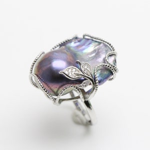 Large black baroque pearl ring,nucleated freshwater flamballpearl ring,big size fireball pearl ring,silver flower adjustable ring
