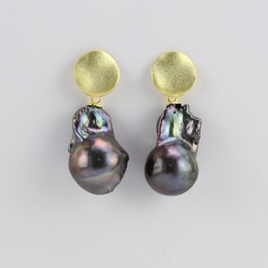 Large black color baroque pearl earrings,big freshwater flameball pearl earrings,yellow gold color silver dangle pearl earrings