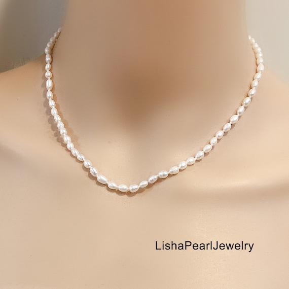 3-4mm White Small Seed Rice Pearl Necklace Chokergenuine 
