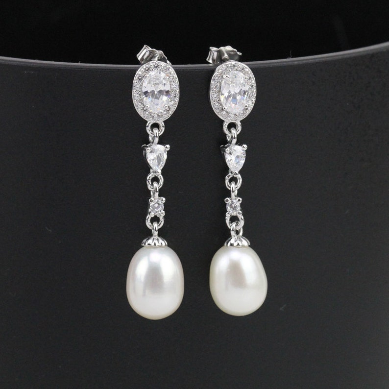 Silver and Crystal Freshwater Bridal Pearl Drop Earrings