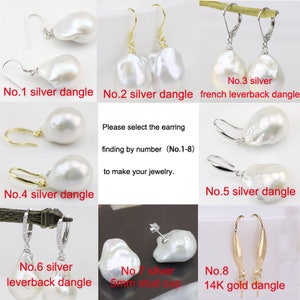 May include: A selection of eight different pearl earrings in silver and gold. The earrings are shown in pairs and include dangle, leverback, and stud styles. The text "Please select the earring finding by number (No.1-8) to make your jewelry." is included in the image.