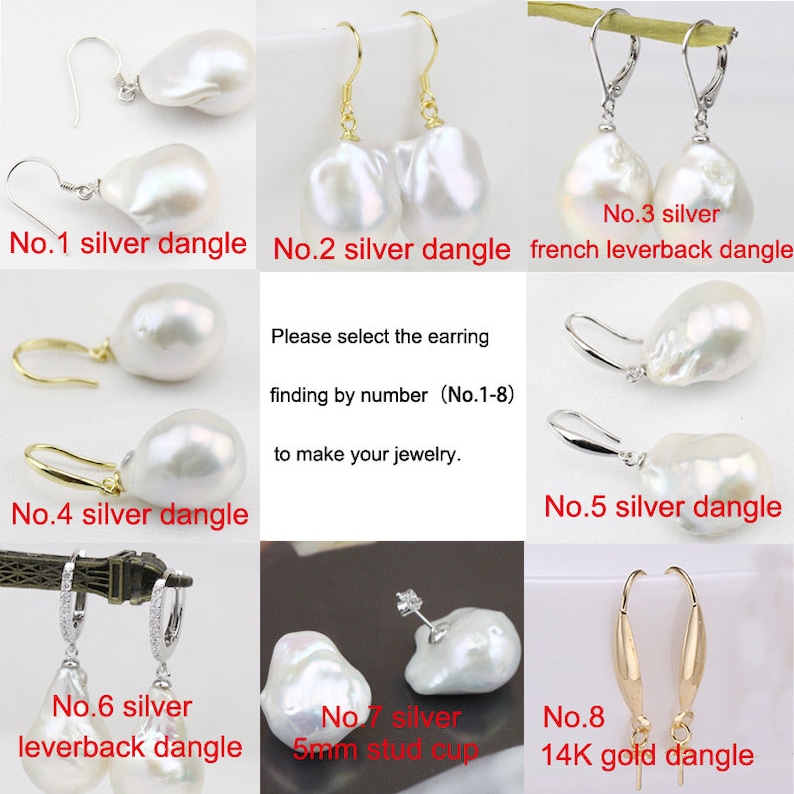 May include: A selection of eight different pearl earrings in silver and gold. The earrings are shown in pairs and include dangle, leverback, and stud styles. The text "Please select the earring finding by number (No.1-8) to make your jewelry." is included in the image.