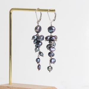 Puede incluir: Un par de pendientes colgantes con racimos de perlas grises oscuras e iridiscentes color pavo real. Los pendientes cuelgan de cierres de palanca plateados y se exhiben en un soporte dorado para joyas.