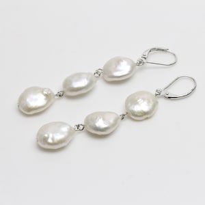 3 Perlen lange Perle baumeln Ohrringe, Süßwasser-Münze Perle Ohrringe, Sterling Silber Perle Hebel zurück