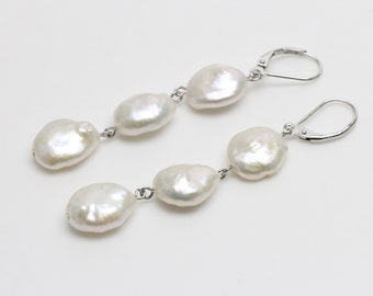 3 pearls long pearl dangle earrings,freshwater coin pearl earrings,sterling silver pearl lever back earrings