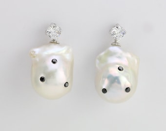 Simulated diamond paved earrings,Baroque pearl earrings,large nucleated flameball fireball pearl silver earrings,CZ embeded pearl earrings