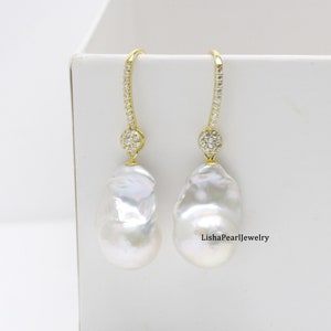 Large white baroque pearl earrings,Freshwater baroque pearl earrings,yellow gold plated over sterling silver dangle CZ earrings
