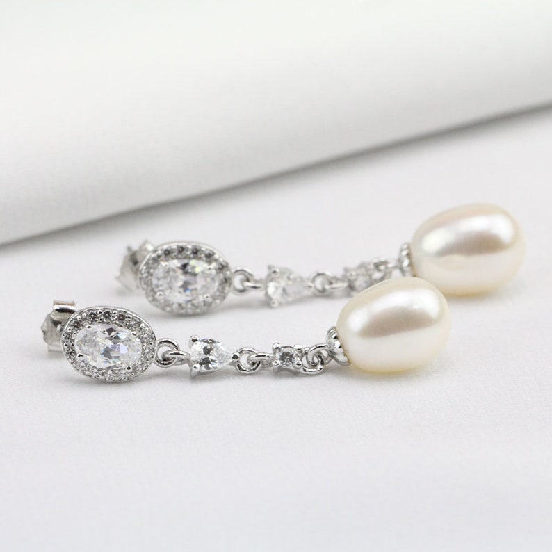 Silver and Crystal Freshwater Bridal Pearl Drop Earrings