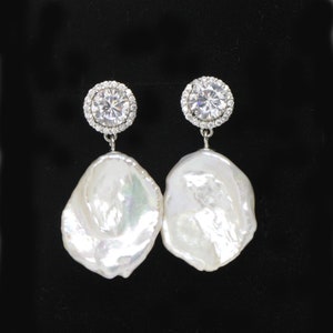 14-15mm White baroque pearl CZ earrings,large keshi pearl earrings,sterling silver pearl dangle earrings,freshwater pearl earings