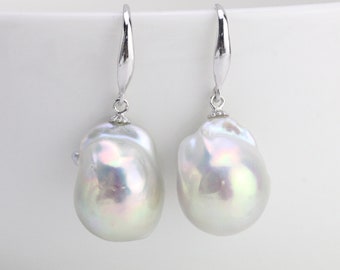Baroque pearl earrings,big jumbo large flameball pearl earrings,sterling silver white pearl earrings,huge fireball pearl earings,mother gift