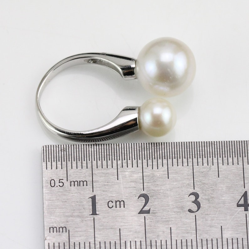 7-8mm and 12-13mm cream white double pearl ring,sterling silver open ring,freshwater pearl midi ring,small and big pearl two pearls ring
