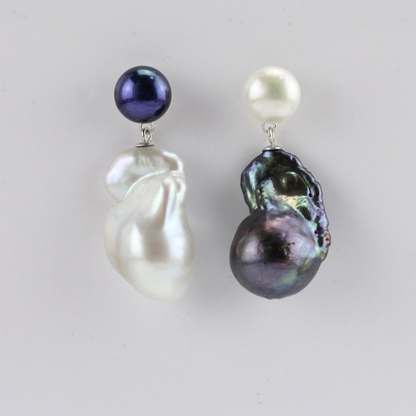 Black and white baroque pearl earrings,mismatched two pearls earrings,double pearl earrings,large freshwater flameball pearl earrings