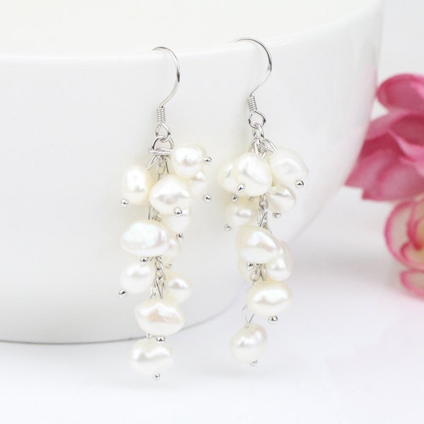 White color cluster pearl earrings,freshwater pearl cluster earrings,dangling pearl drop earrings,special pearl earrings,unique gifts