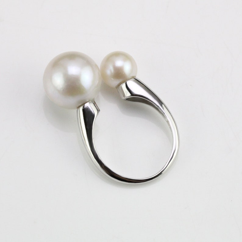 7-8mm and 12-13mm cream white double pearl ring,sterling silver open ring,freshwater pearl midi ring,small and big pearl two pearls ring