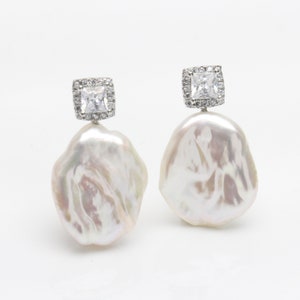 14-15mm large keshi pearl earring studs,freshwater pearl earrings,special pearl earrings,ivory white irregular baroque pearl CZ earring stud