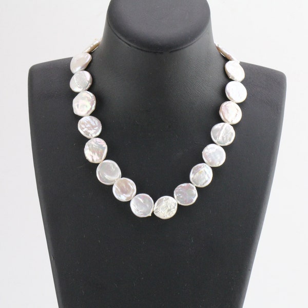 16-18mm Grand collier de perles blanches, collier de perles d’eau douce de grande taille, avec boucle d’anneau de boulon en argent