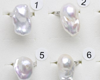 Choose your ring,14-16mm wide white color Large baroque pearl ring,big size nucleated freshwater flamball pearl silver open ring