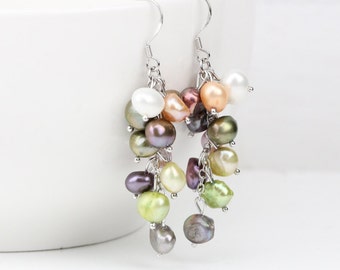 Multi color cluster pearl earrings,freshwater pearl cluster earrings,dangling pearl drop earrings,special pearl earrings,unique gifts