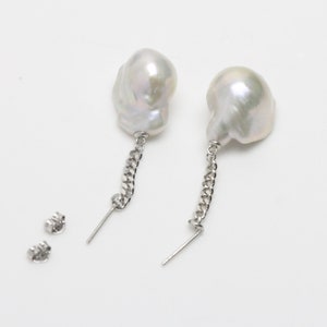 White baroque pearl earrings,large big jumbo flameball pearl dangle earrings,sterling silver chain earrings
