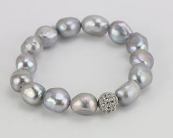 Silver gray pearl bracelet,baroque nugget pearl stretch bracelet,elastic pearl bracelet bridesmaid ,rhinestone copper bead