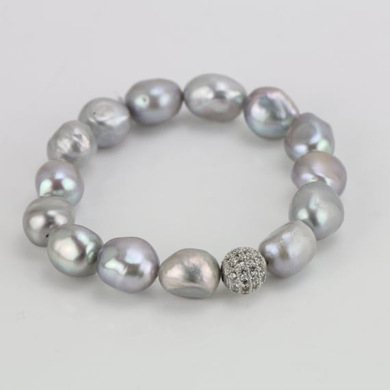 Silver gray pearl bracelet,baroque nugget pearl stretch bracelet,elastic pearl bracelet bridesmaid ,rhinestone copper bead