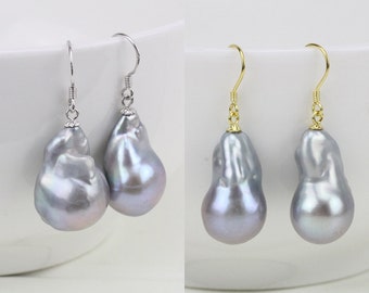 Pendientes de perlas barrocas gris plata,pendientes de perlas bola de fuego grandes,pendientes de perlas gris plata de primera ley,pendientes de perlas bola de fuego enormes,regalo madre