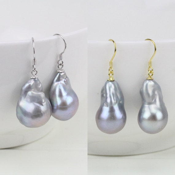 Silver grey baroque pearl earrings,big flameball pearl earrings,sterling silver gray pearl earrings,huge fireball pearl earings,mother gift