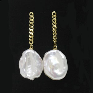 14-15mm large keshi pearl dangle earring,ivory white irregular baroque pearl chain earring,freshwater pearl earrings,special pearl earrings