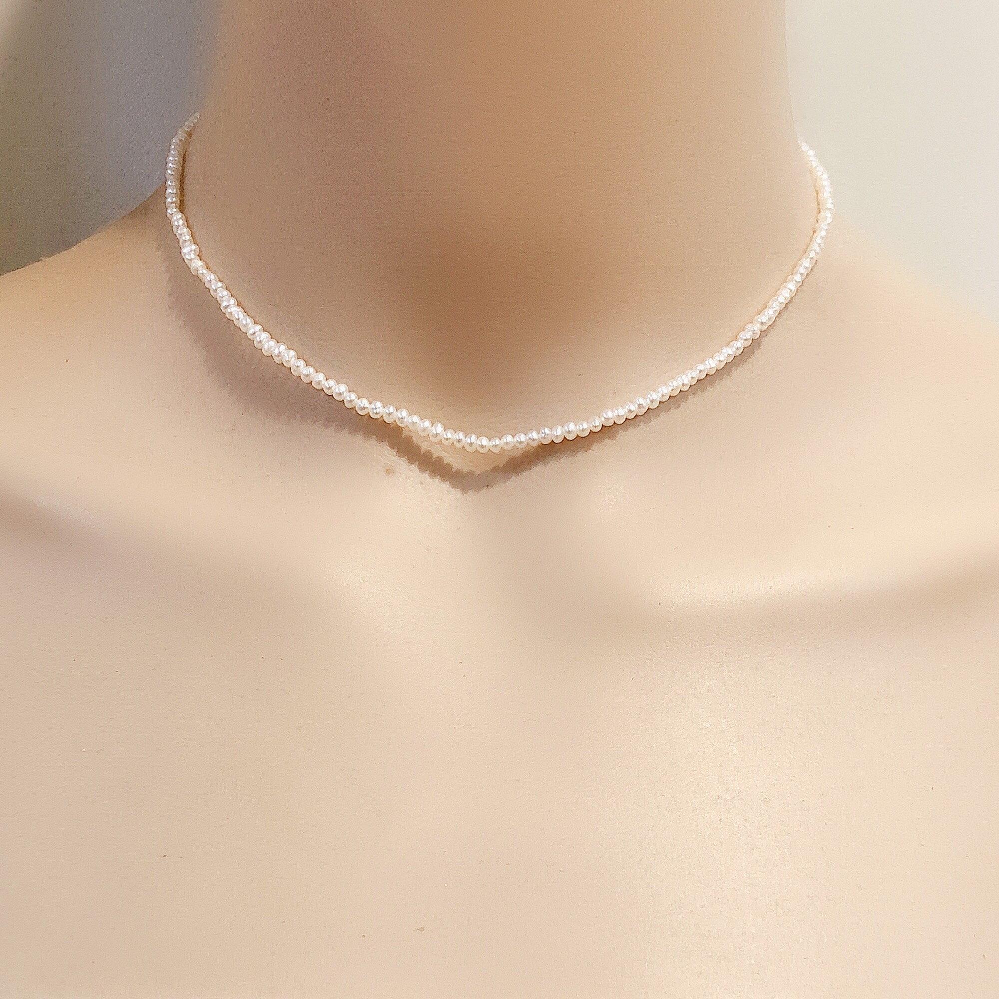 2.5 3mm White Small Seed Pearl Necklace Choker genuine Freshwater