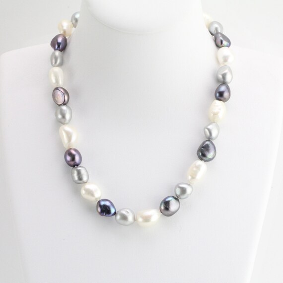 11 12mm Large Baroque Pearl Necklace White Grey Black Mixed Color