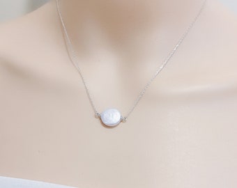 12-13mm coin pearl necklace,white freshwater pearl necklace,single pearl necklace,one pearl necklace,illusion necklace,bridesmaid necklace