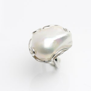 Large baroque pearl ring,nucleated freshwater white flamballpearl statement ring,big size fireball pearl ring,silver adjustable ring