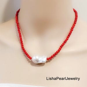 Red coral bead necklace,large freshwater baroque pearl and bamboo coral necklace,red bead and pearl choker necklace