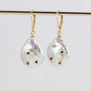 16-18mm white large baroque pearl earrings,freshwater pearl silver leverback earrings,5pcs CZ stone paved embeded  bezel set pearl earrings