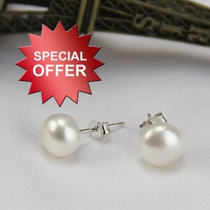 Freshwater Pearl Stud 8 9mm Ivory White Flat Round Button Pearl