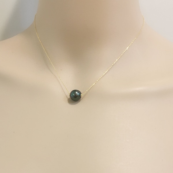 9-10mm tahitian pearl floating necklace,natural black tahiti pearl necklace,southsea single pearl necklace,saltwater floating pearl necklace