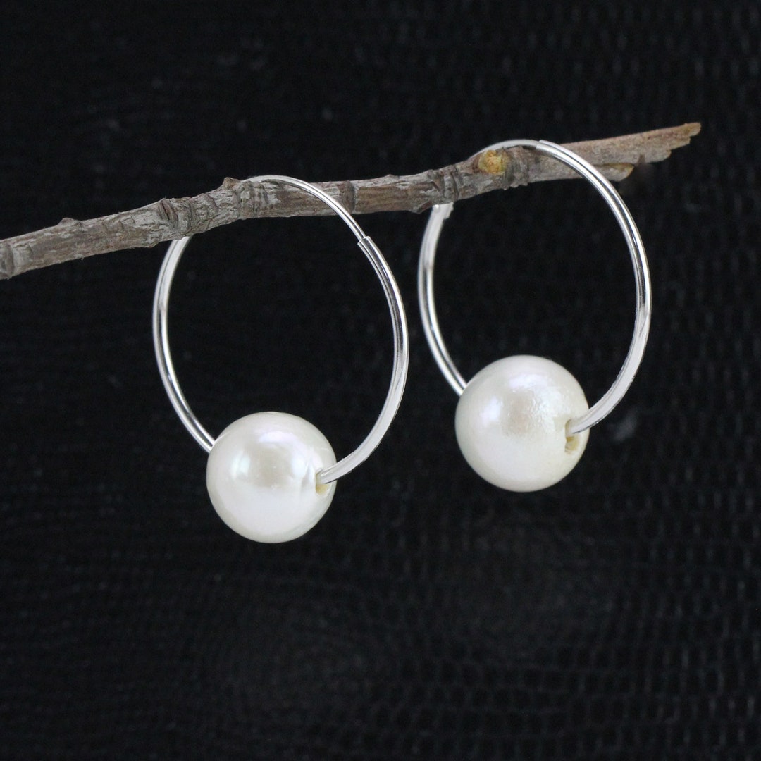 Pearl Hoop Earrings Sterling Silverdainty Pearl - Etsy