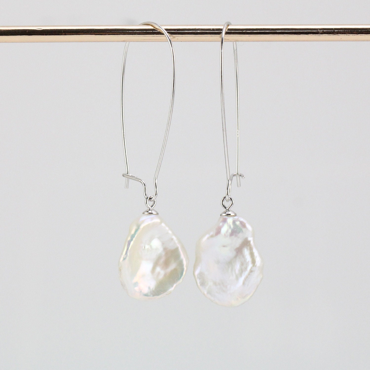 White Square Keshi Pearl Gold plated Hook Earrings