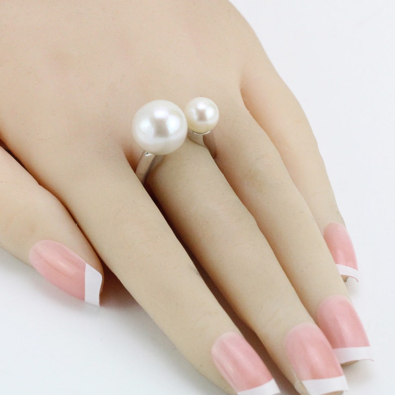 7-8mm and 12-13mm cream white double pearl ring,sterling silver open ring,freshwater pearl midi ring,small and big pearl two pearls ring