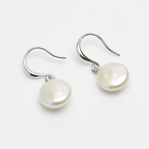 12-13mm Elfenbein weiße Münze Perle Ohrringe, Sterling Silber baumeln Ohrring, Vollmond Perle Ohrringe