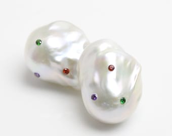 Baroque pearl stud earrings,large nucleated flameball fireball pearl earrings,CZ embed pearl earrings,simulated diamond embeded earrings