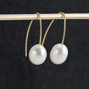 Yellow gold plated sterling silver simple ear wire pearl earrings,9mm cultured white freshwater rice drop pearl earringsbridesmaid earrings