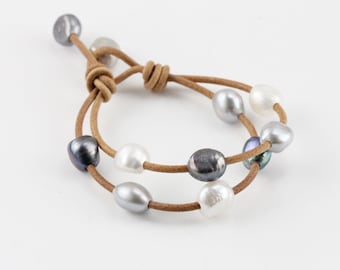 Mix color baroque pearl leather bracelet,leather bracelet,leather pearl bracelet,two lines pearl bracelet,double string leather bracelet