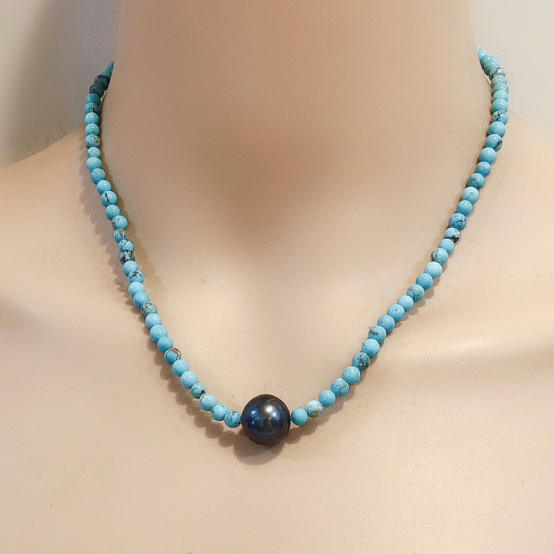 Turquoise and Black Pearl Necklace,round Black Pearl Floating Necklace ...