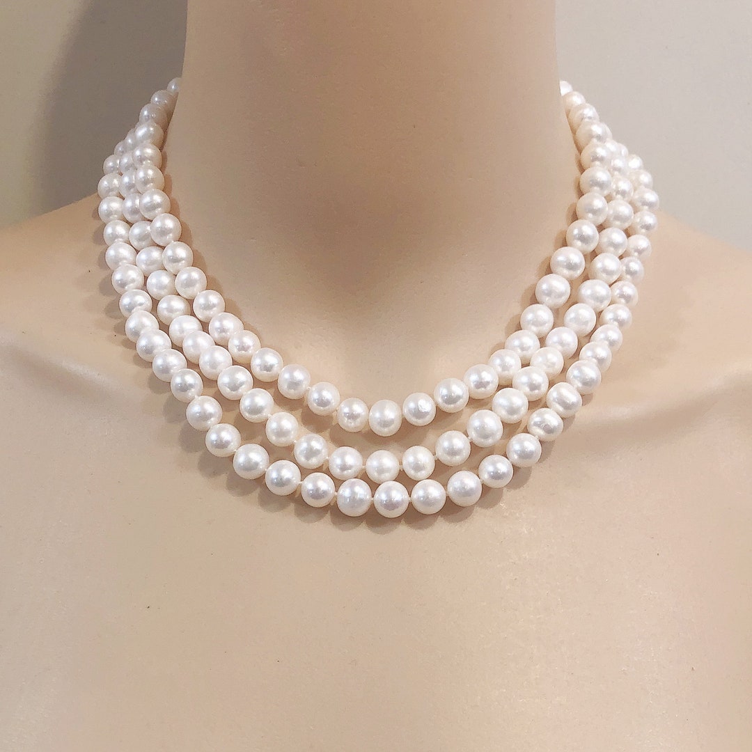 Triple Pearl Necklace3 Row Pearl Necklacepearl Statement - Etsy