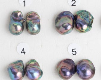 13-16mm wide peacock black color baroque pearl earrings, freshwater baroque pearl stud sterling silver 925 posts,UNIQUE PAIR
